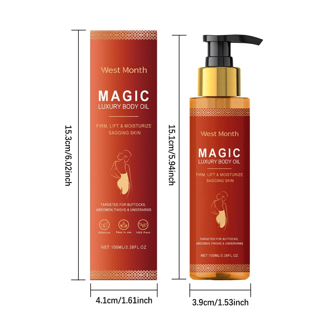 Magic Body Firming Oil by West Month for hydrating and tightening skin, 100ml packaging with pump for easy application.