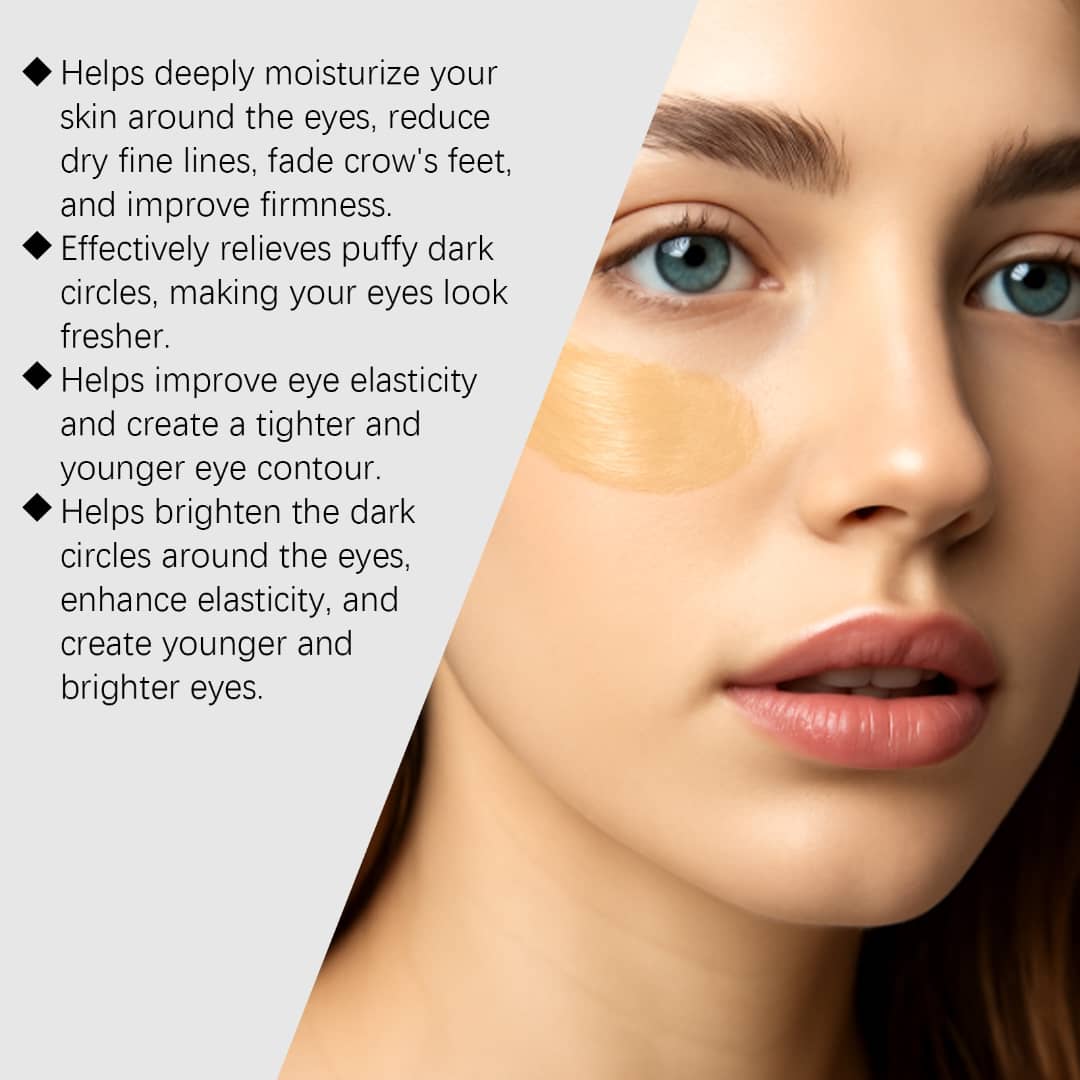 Moisturizing eye cream application with benefits: reduces fine lines, firms skin, and brightens dark circles for youthful eyes.
