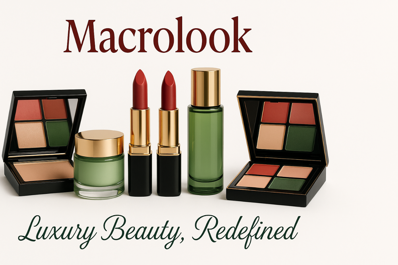 Macrolook cosmetic products including lipsticks, a compact, and a bottle on a white background.