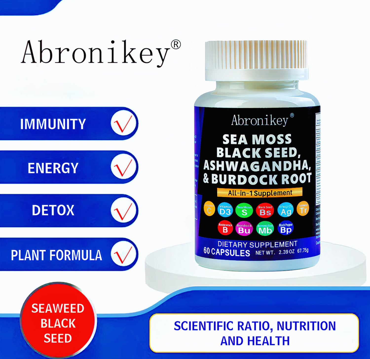 Abronikey Sea Moss, 120 CapsulesImmune Support Digestive Health Natural Sea Moss Supplement Rich In Minerals &amp; Vitamins