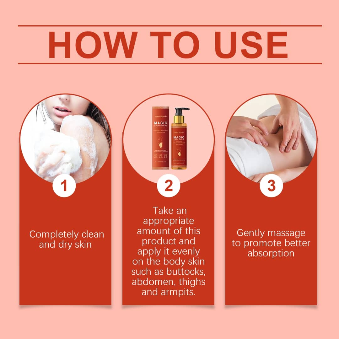 Instructions on how to use Magic Body Firming Oil for best results, including cleaning, application, and massage techniques.