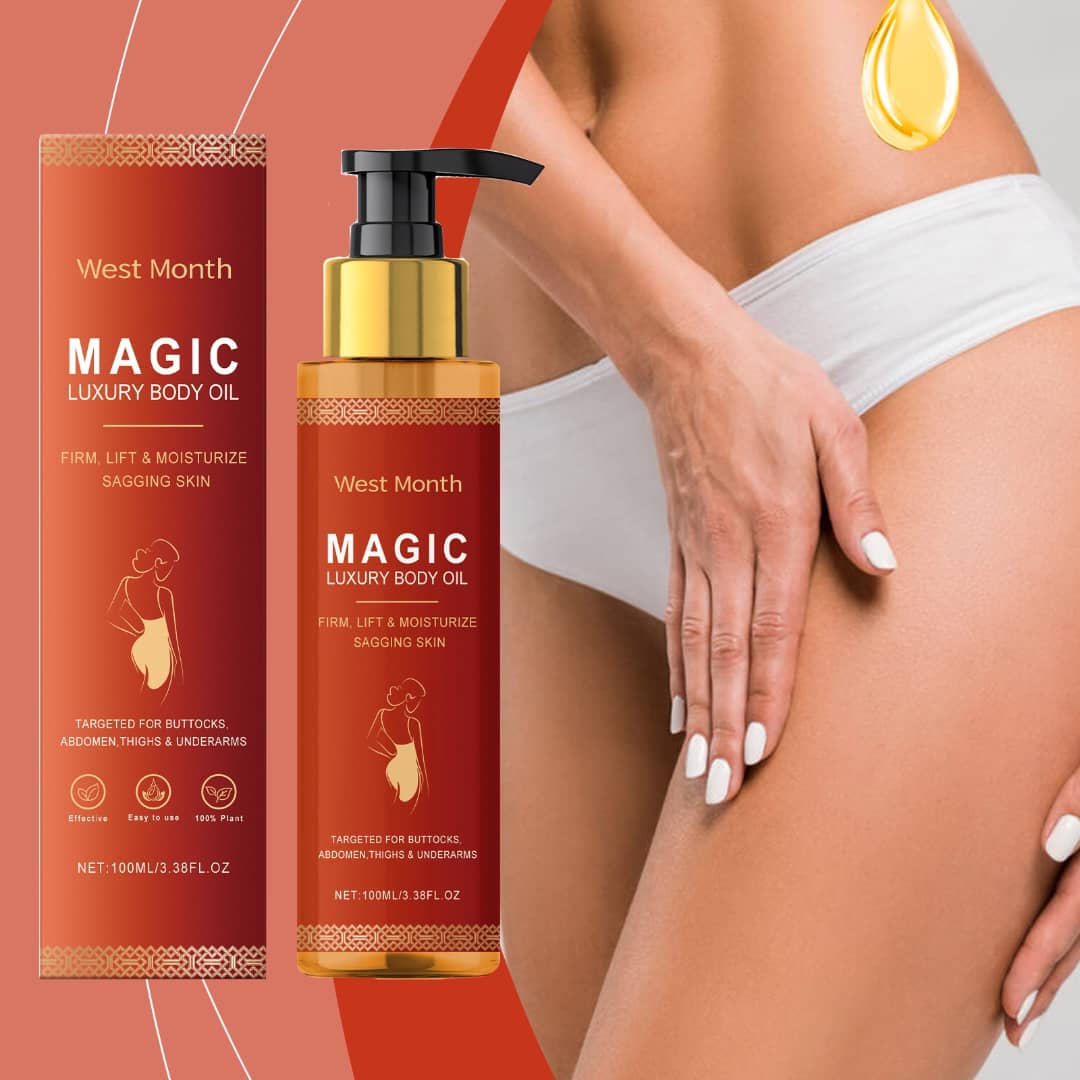 Magic Luxury Body Oil by West Month shown on smooth skin, designed to firm, lift, and moisturize sagging skin.
