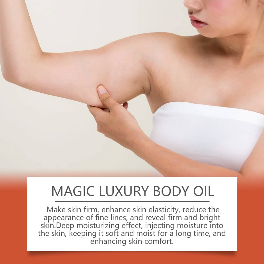 Model applying Magic Luxury Body Oil to enhance skin elasticity and hydration for firm, bright skin.