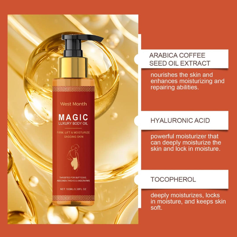 Magic Body Firming Oil by West Month in pump bottle, highlighting hydrating ingredients like Hyaluronic Acid and Tocopherol.