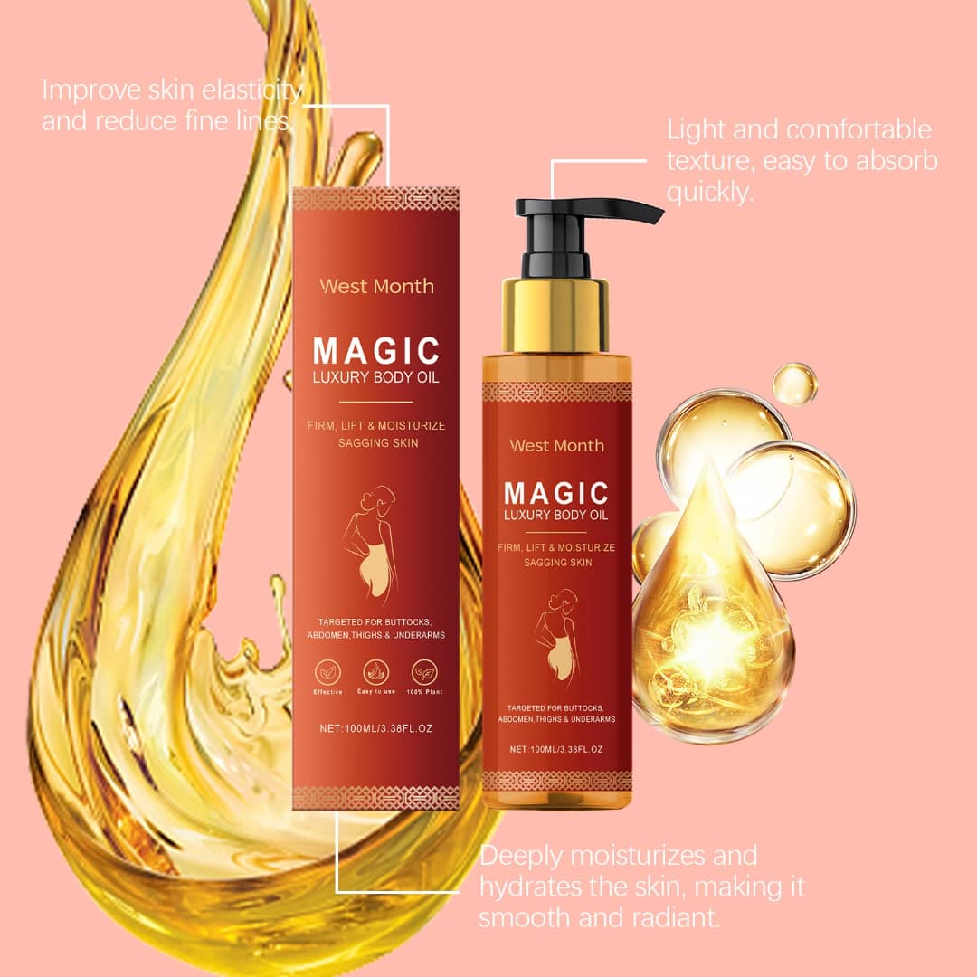 West Month Magic Luxury Body Oil for firming and moisturizing skin, featuring a light texture and hydration benefits.