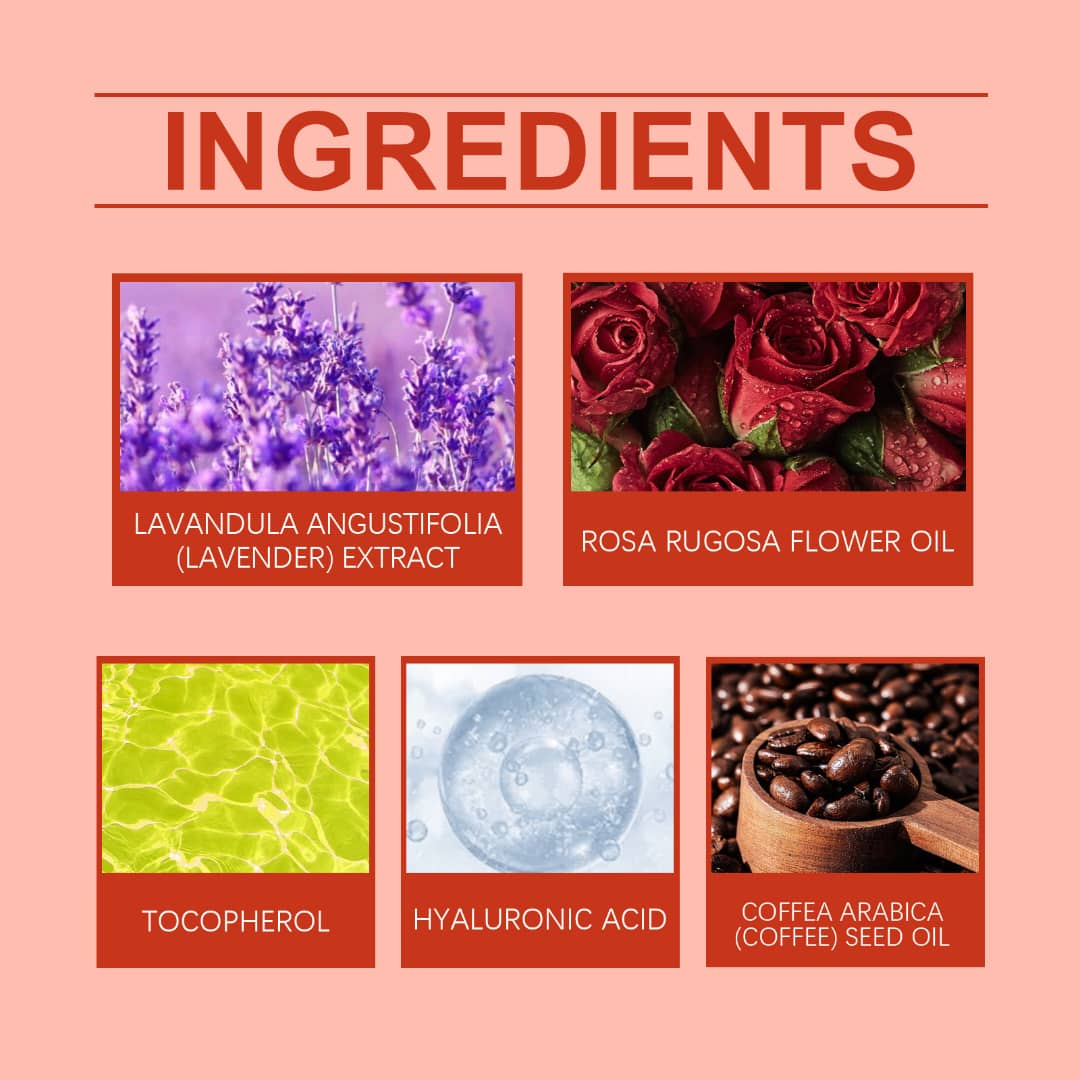 Ingredients of Magic Body Firming Oil: Lavender Extract, Rosa Rugosa Flower Oil, Tocopherol, Hyaluronic Acid, Coffee Seed Oil.