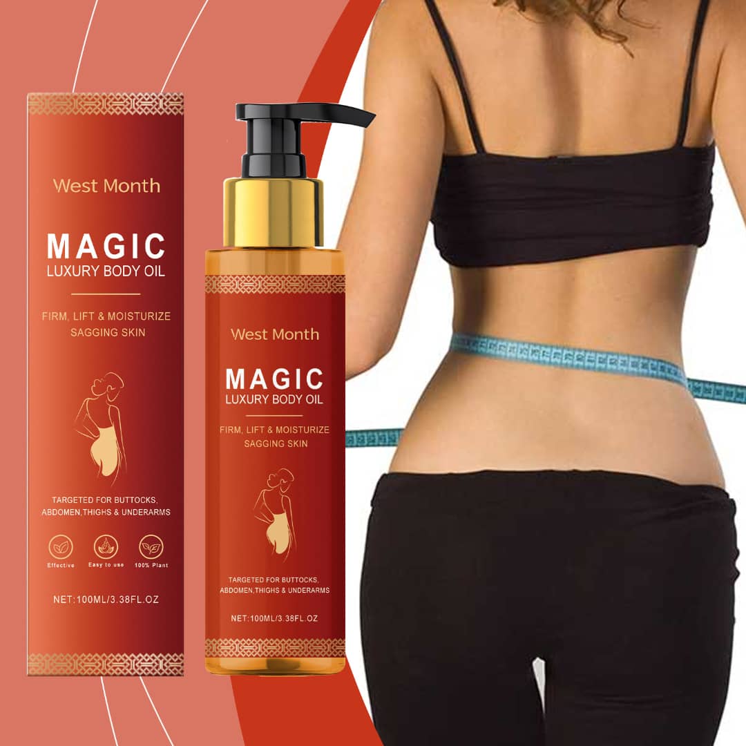 Magic Body Firming Oil by West Month, promoting skin hydration and elasticity, ideal for various body areas, showcased on model&