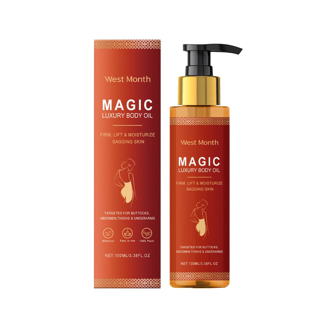 Magic Body Firming Oil by West Month, 100ml, hydrates and tightens skin for arms, legs, and stomach, fast-absorbing and non-greasy.