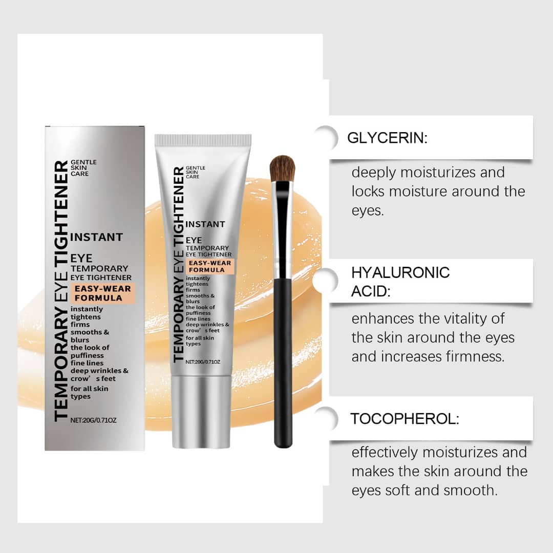 Gentle Skin Care Temporay Eye Tightener Cream with ingredients: Glycerin, Hyaluronic Acid, and Tocopherol for moisture and firmness.