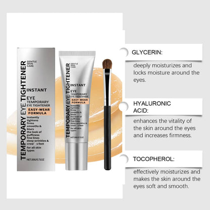 Gentle Skin Care Temporay Eye Tightener Cream with ingredients: Glycerin, Hyaluronic Acid, and Tocopherol for moisture and firmness.