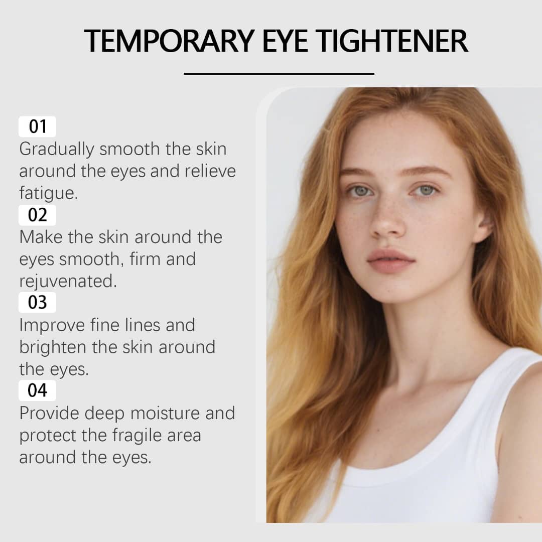 Model showcasing temporary eye tightener benefits, highlighting skin smoothing and moisture for rejuvenated eyes.