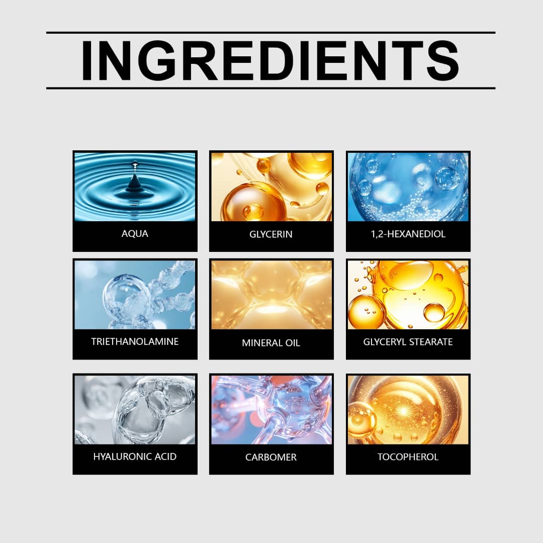 Visual display of ingredients for moisturizing eye tightener cream including Aqua, Glycerin, Hyaluronic Acid, and more.