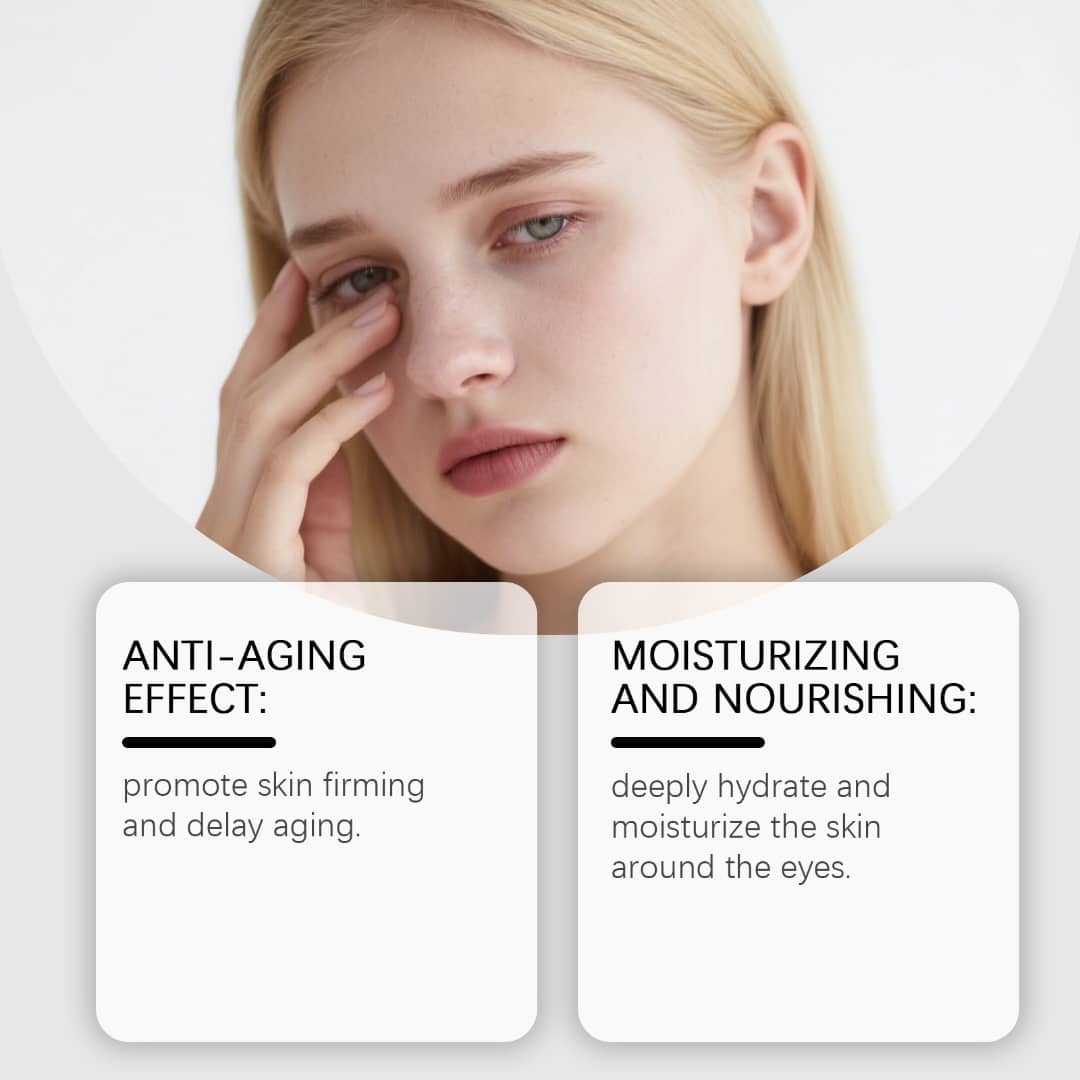 Young woman applying skin care to her eye area, highlighting anti-aging and moisturizing benefits.